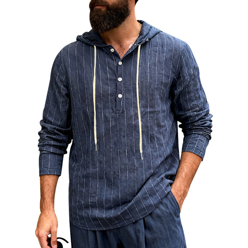 Men's linen blend hoodie shirt with half button placket and pinstripes StylebySassy