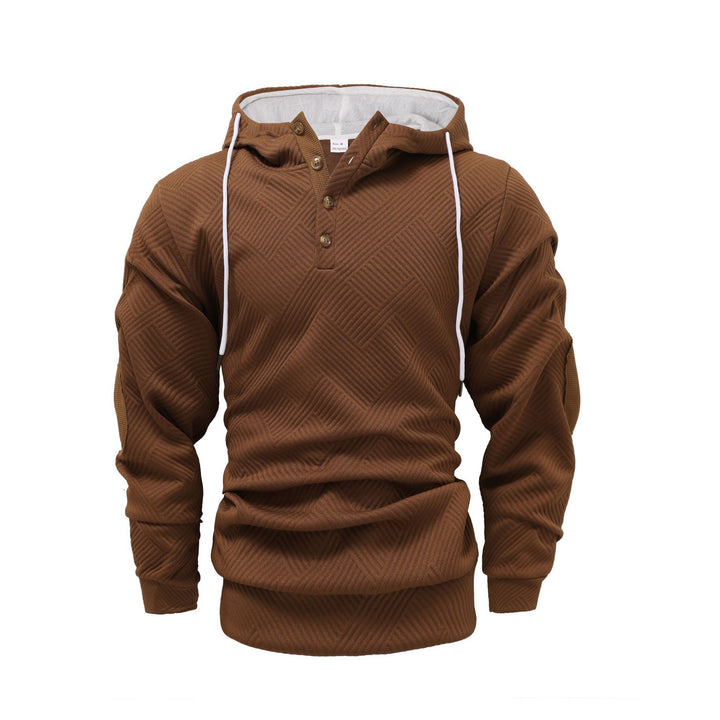 Men's structured hoodie in Henley style with contrast trim and elbow patches StylebySassy