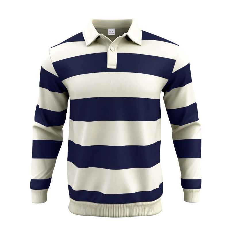 Men's striped rugby polo shirt made of cotton blend with short button placket and ribbed cuffs StylebySassy