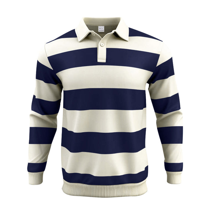 Men's striped rugby polo shirt made of cotton blend with short button placket and ribbed cuffs StylebySassy