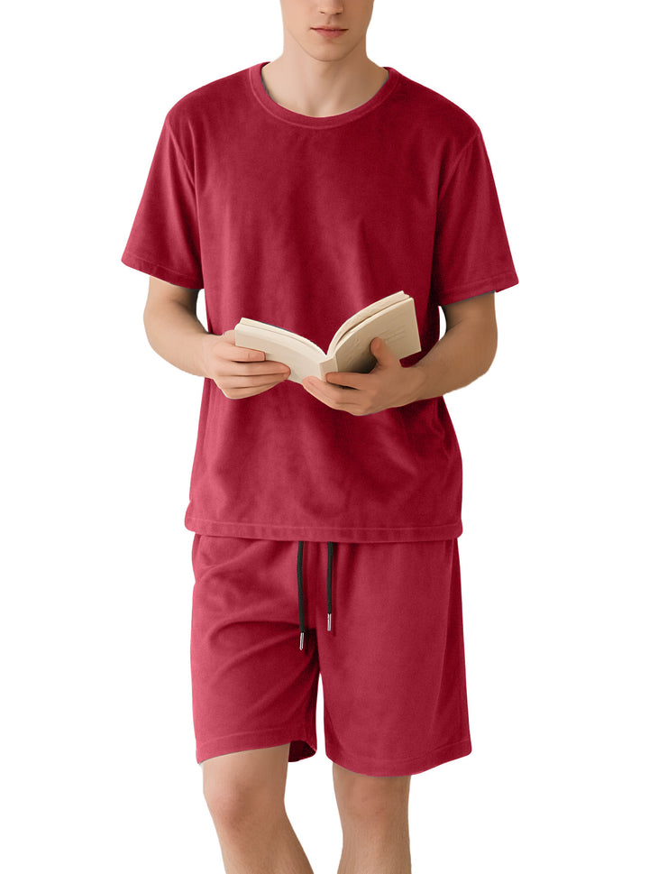 Men's velour lounge set with round neck short sleeve shirt and drawstring shorts StylebySassy