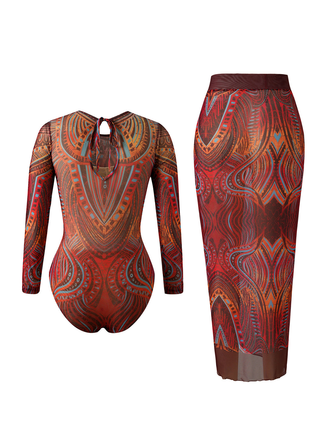 Women Elegant Swimsuit with Long Sleeve and Transparent Wrap Skirt StylebySassy