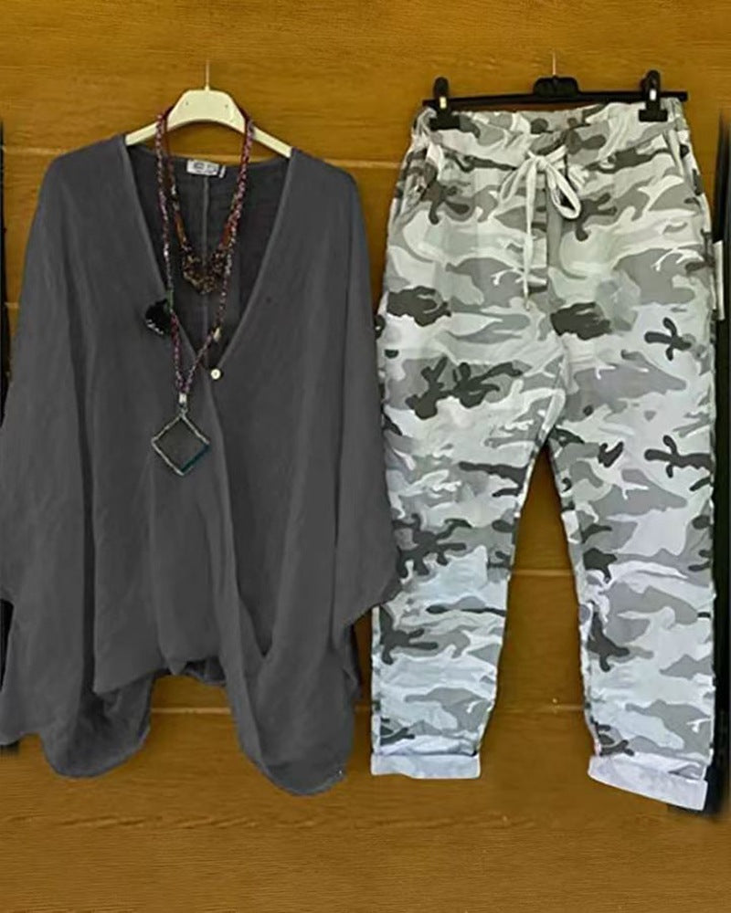 Women's two-piece outfit consisting of flowing kimono top and camouflage jogging pants StylebySassy