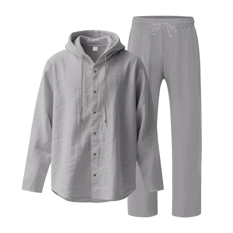 Men's two-piece lounge set with button hoodie shirt made of crepe jersey and straight drawstring pants StylebySassy