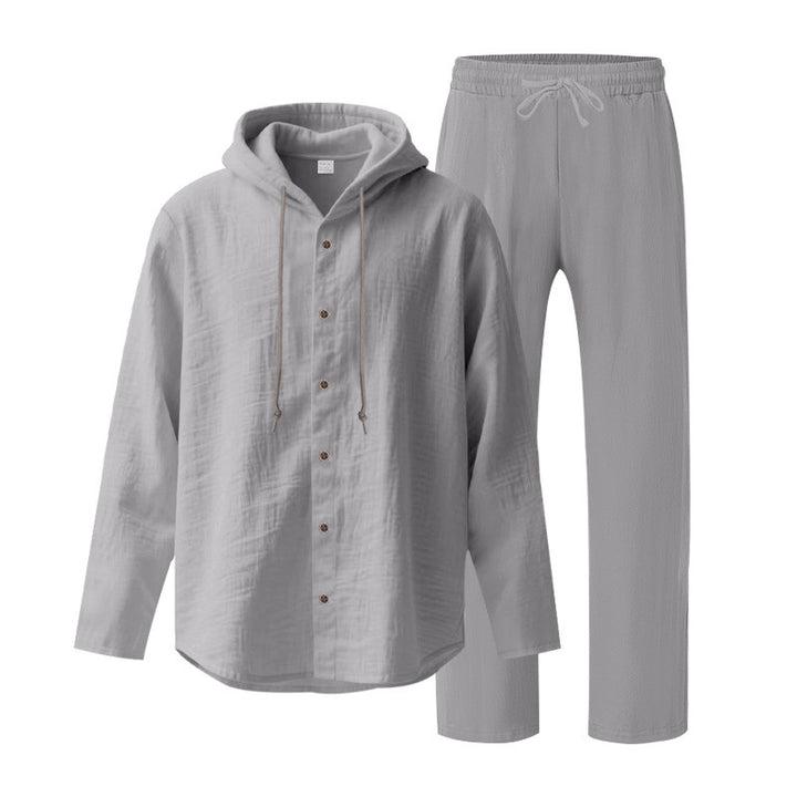 Men's two-piece lounge set with button hoodie shirt made of crepe jersey and straight drawstring pants StylebySassy