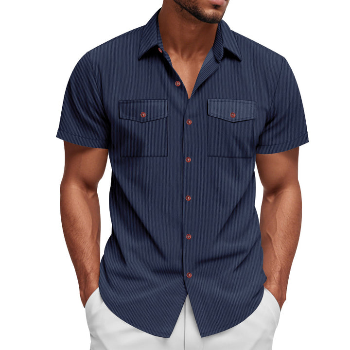 Men's casual short-sleeve shirt with lapel collar, patch flap pockets and fine pinstripe texture StylebySassy
