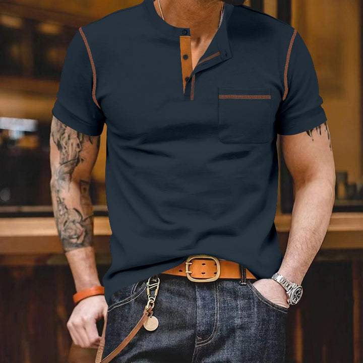 Men's short-sleeve shirt with stand-up collar, half-button placket, and chest pocket StylebySassy