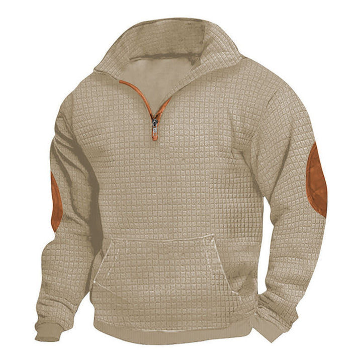 Men's thermo-regulating waffle knit half-zip pullover with kangaroo pocket and faux leather elbow patches StylebySassy