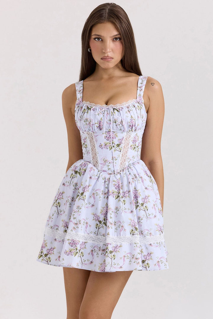 Ladies' nan corset mini dress with lace insert, gathered neckline, and tailored bodice construction StylebySassy