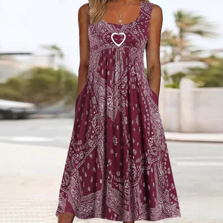 Women's Boho Midi Dress with Paisley Print, Empire Cut and Side Pockets StylebySassy