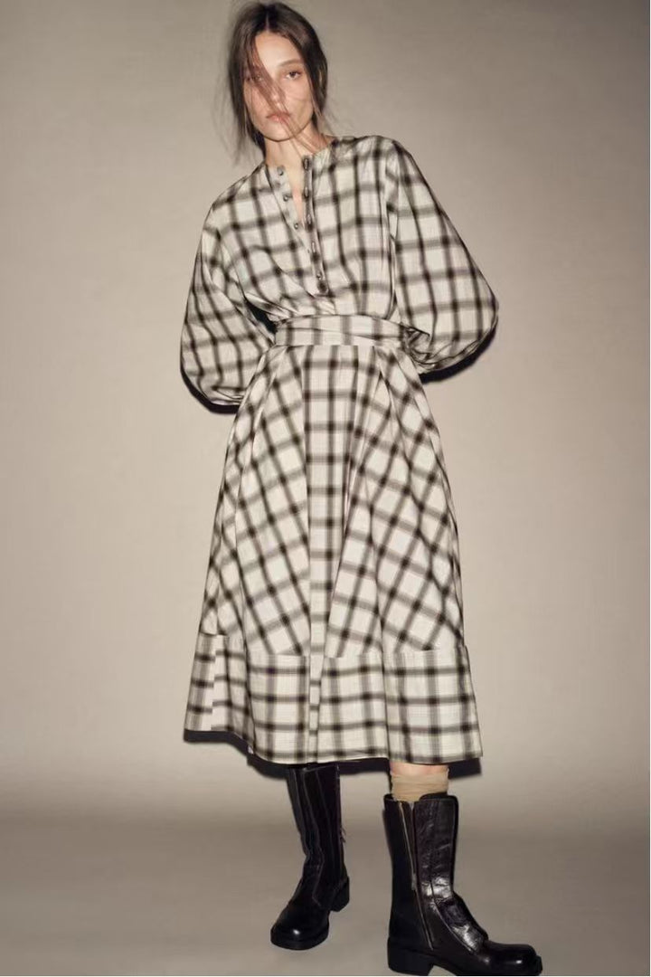 Ladies checked midi dress with balloon sleeves, waist belt and decorative button placket StylebySassy