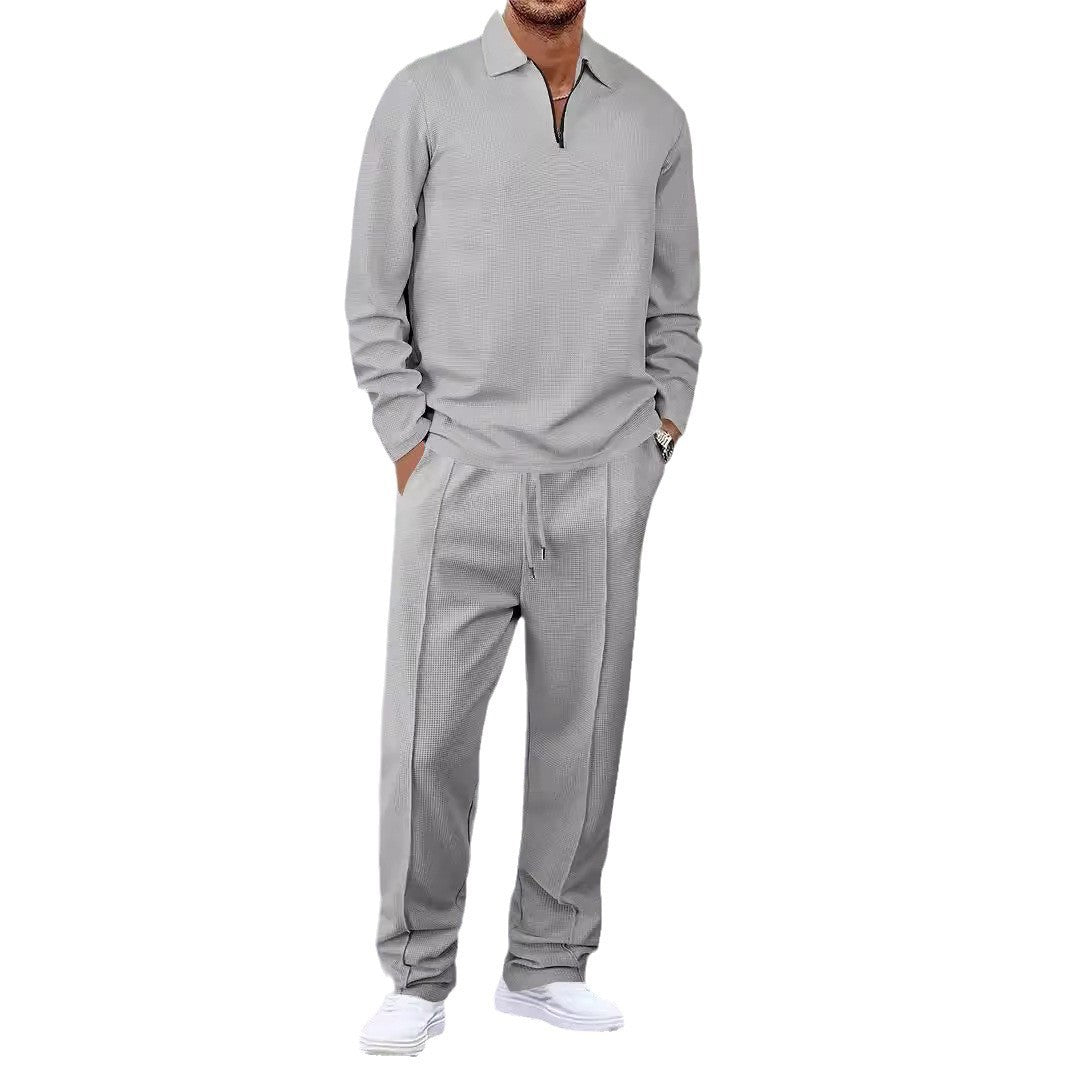 Unisex Nan Waffle Structure Leisure Set with Half-Zip Polo Shirt and Elastic Waist Pants StylebySassy