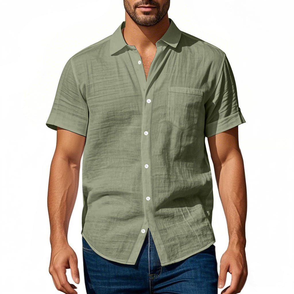 Men's short-sleeved casual shirt made of linen blend with chest pocket and rounded hem StylebySassy