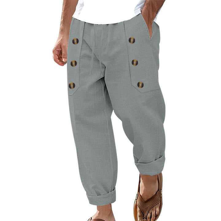 Men's loose linen trousers with decorative button stripes, rolled ankle cuffs, and side pockets StylebySassy