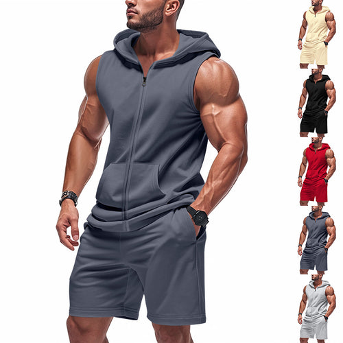 Men's sporty hoodie set with sleeveless sweatshirt, full zip, and training shorts StylebySassy
