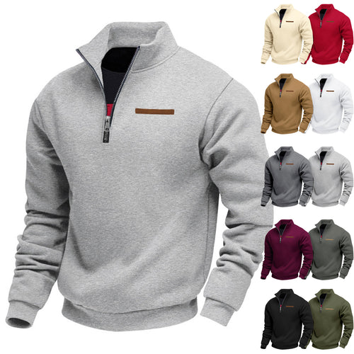Men's half-zip sweatshirt made of heavy fleece with stand-up collar and concealed chest pocket StylebySassy