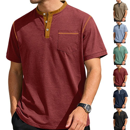 Men's short-sleeve band collar shirt with button placket, chest pocket, and flatlock seams StylebySassy