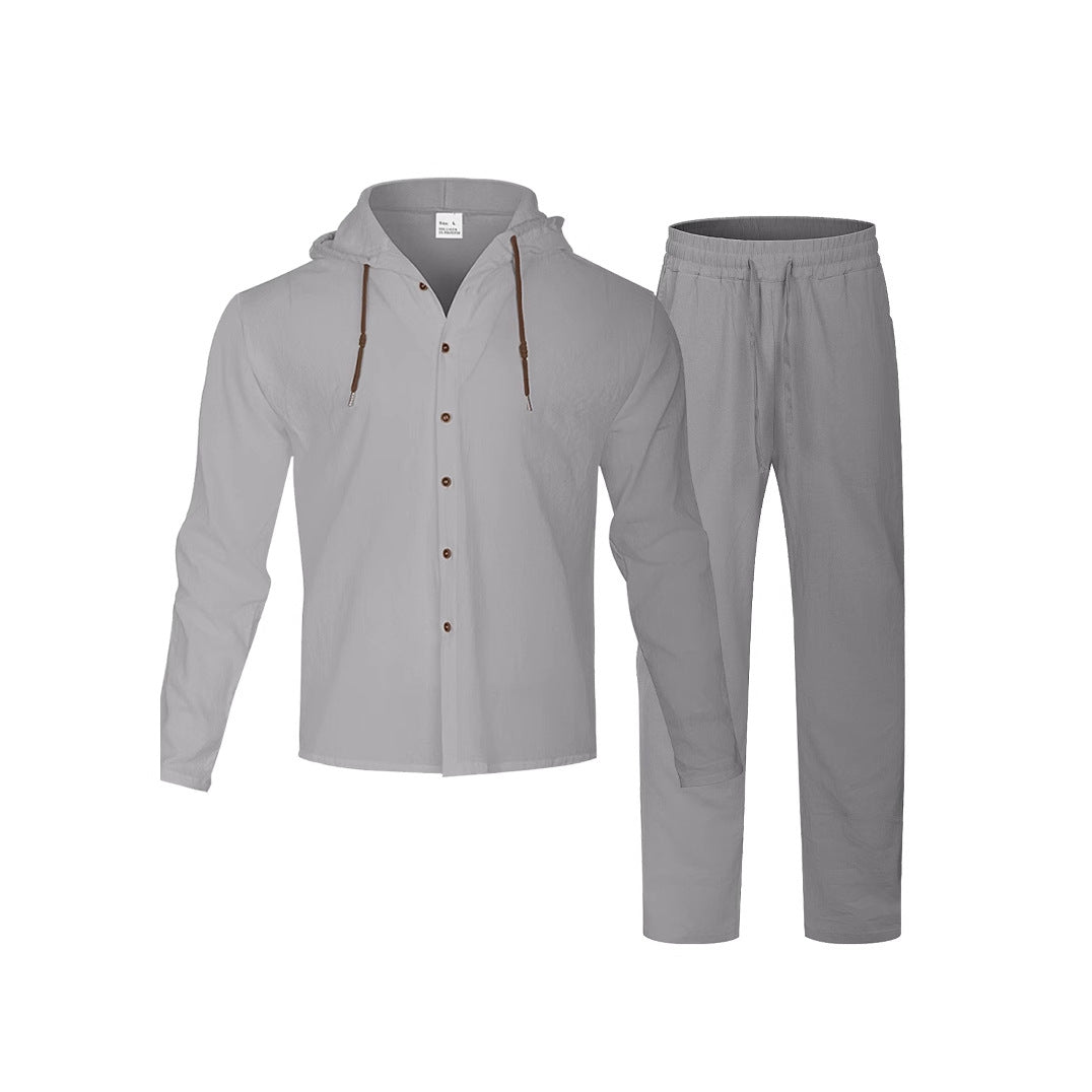 Men's casual hoodie shirt with continuous button placket, decorative drawstring, and relaxed fit StylebySassy