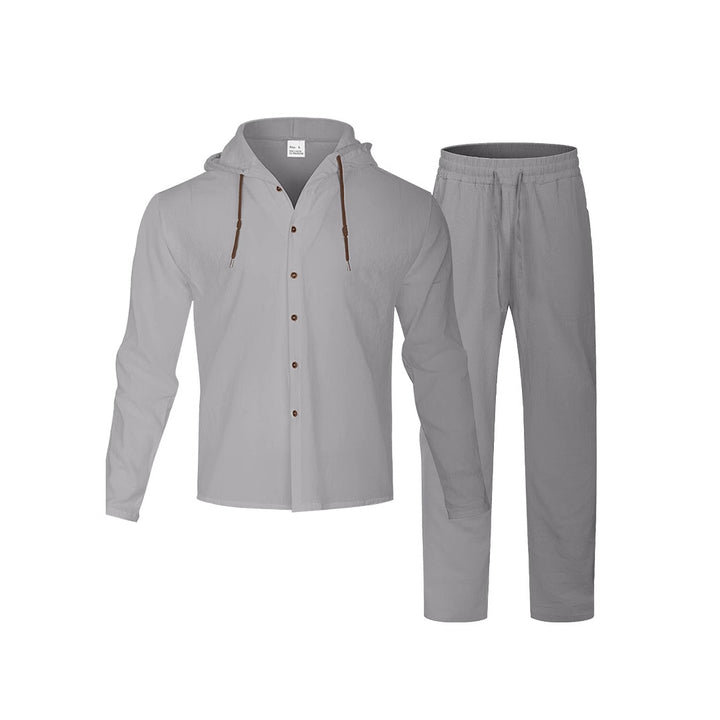 Men's casual hoodie shirt with continuous button placket, decorative drawstring, and relaxed fit StylebySassy
