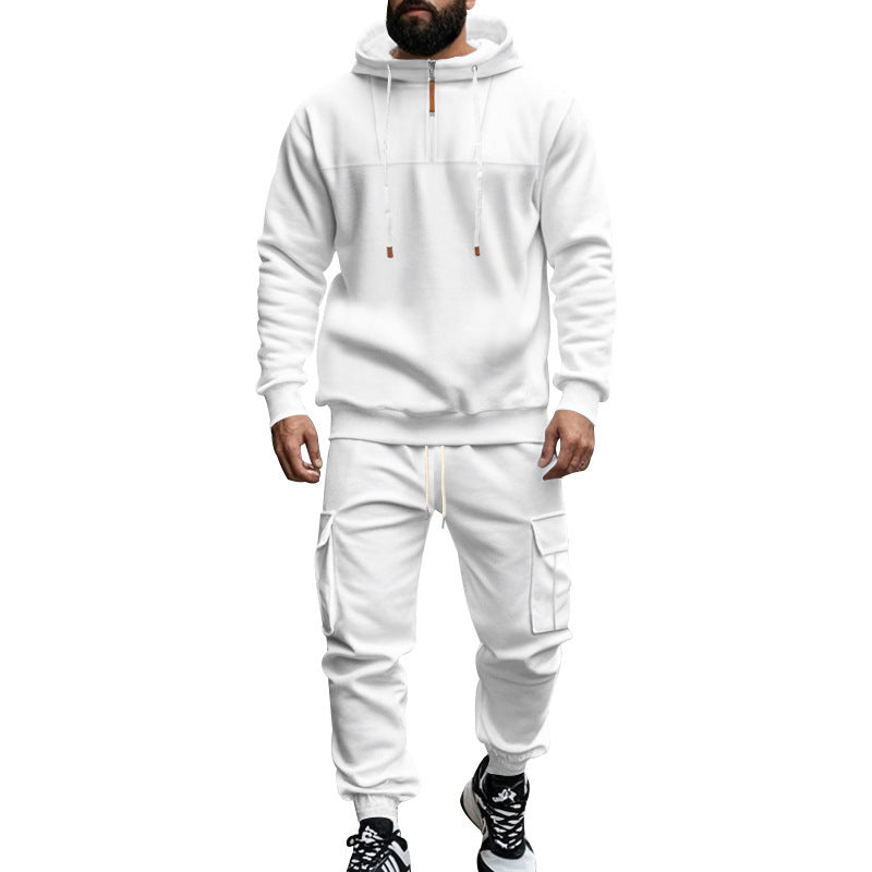 Men's cargo-style hooded sweatshirt and jogger set with short chest zipper and flap pockets StylebySassy