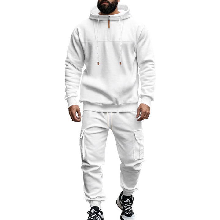 Men's cargo-style hooded sweatshirt and jogger set with short chest zipper and flap pockets StylebySassy