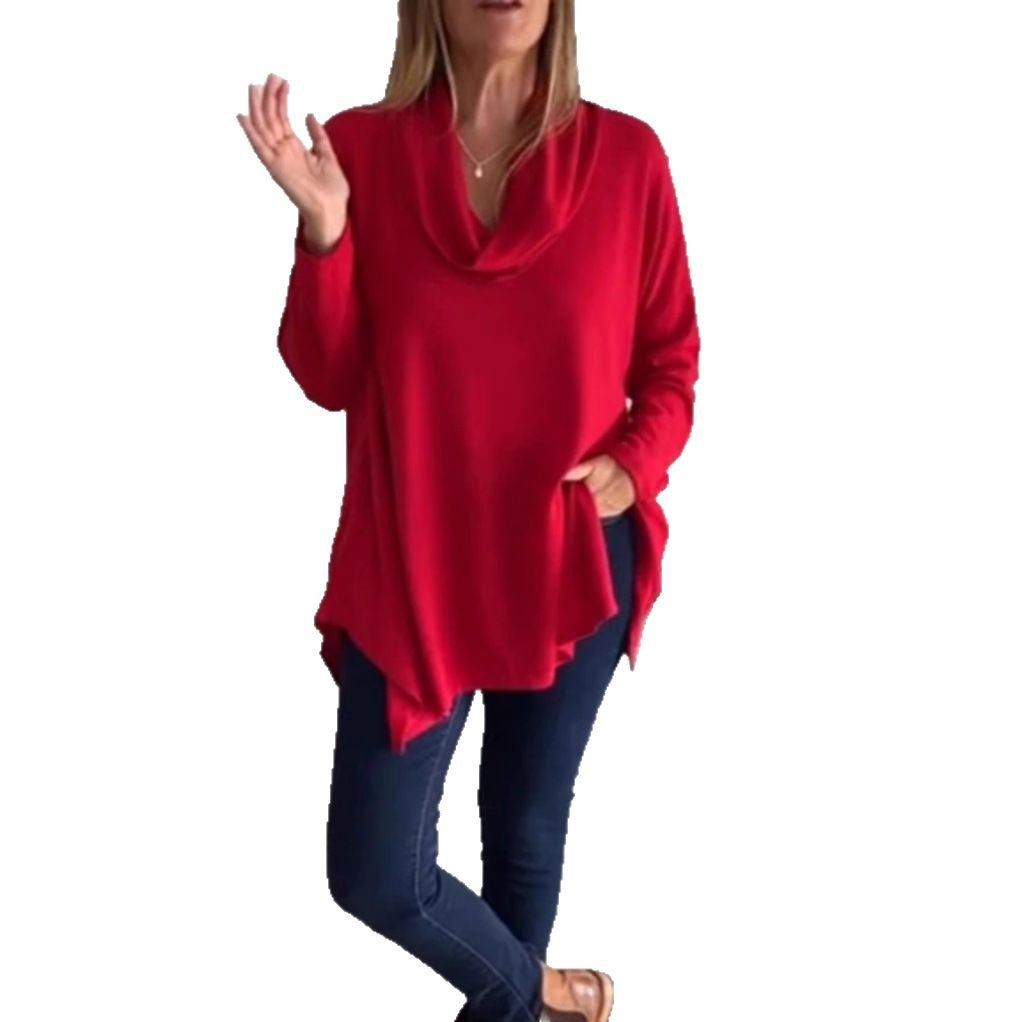 Women's fall shoulder drape tunic top with asymmetric zip hem and side pockets StylebySassy
