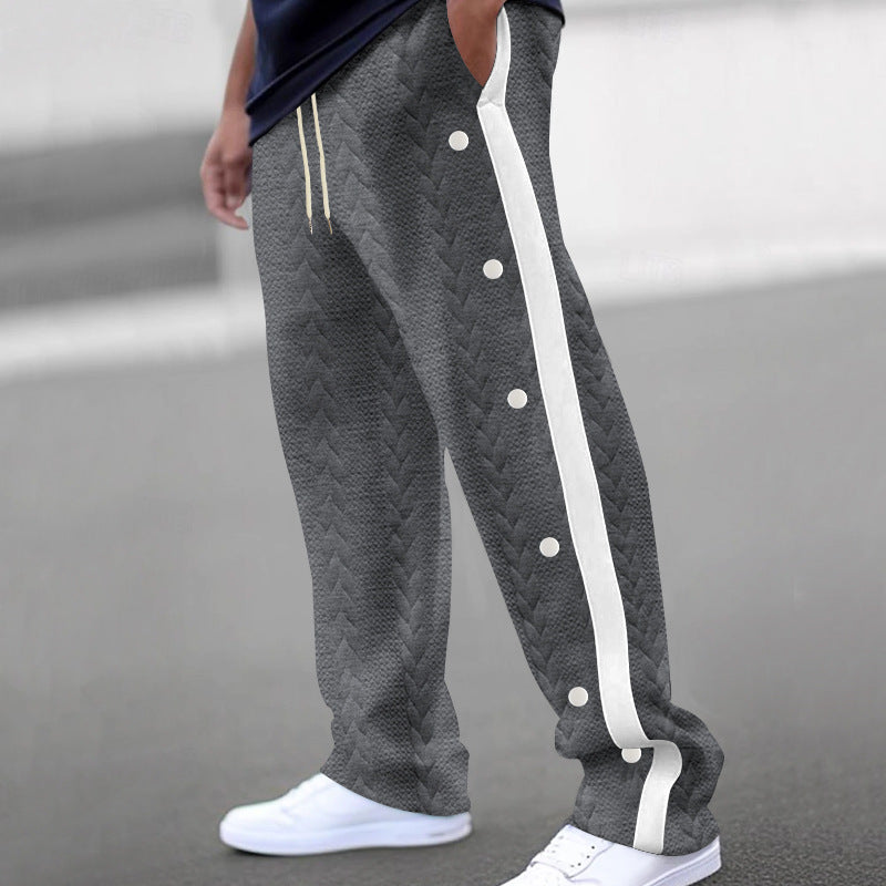 Men's quilted casual pants with continuous snap button placket and contrast stripes StylebySassy