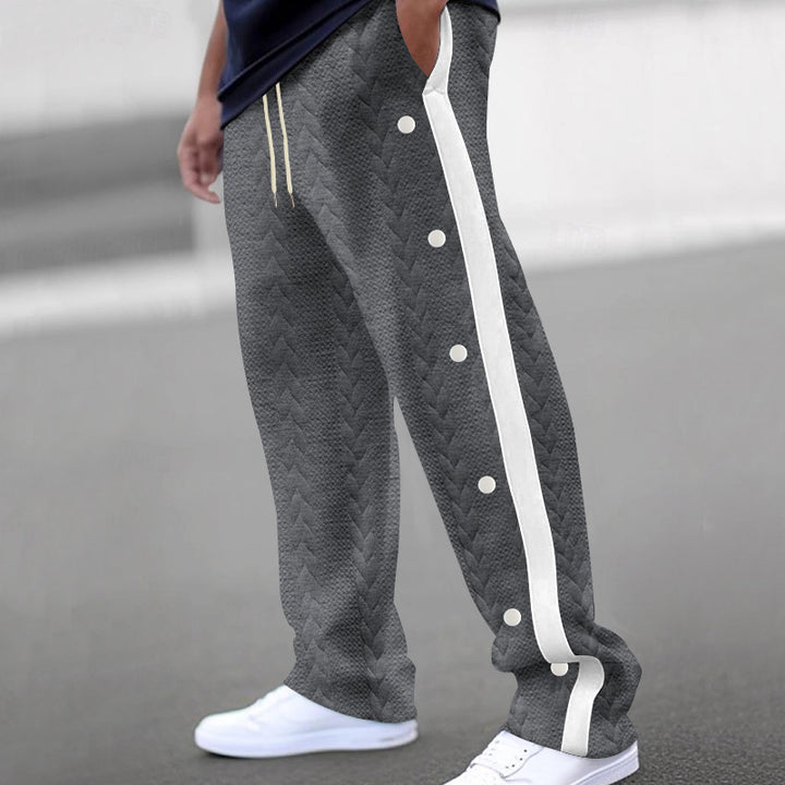 Men's quilted casual pants with continuous snap button placket and contrast stripes StylebySassy