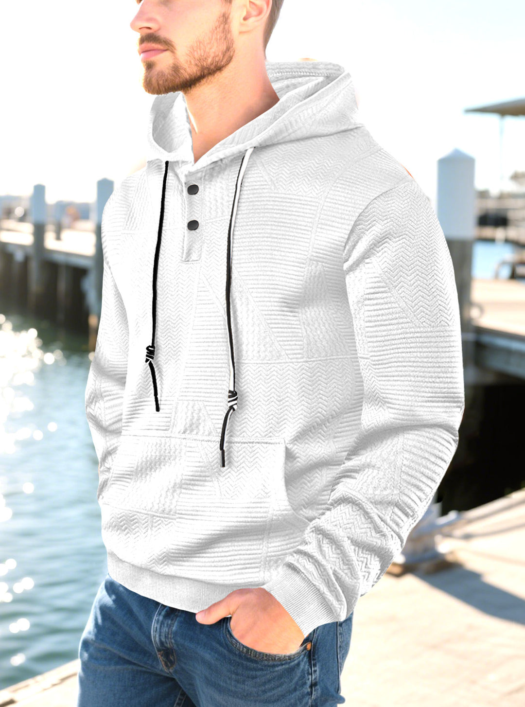 Men's hooded sweatshirt with geometric structure, Henley placket, and kangaroo pocket StylebySassy