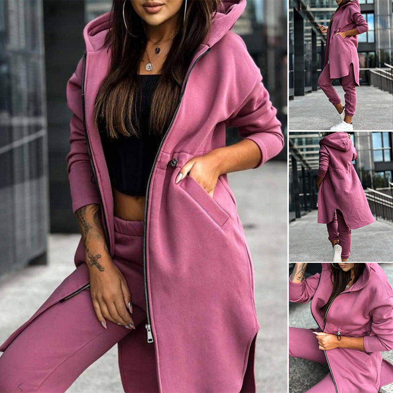 Women's long sweat hoodie jacket with two-way zipper, drawstring waist, side pockets, and side slits StylebySassy