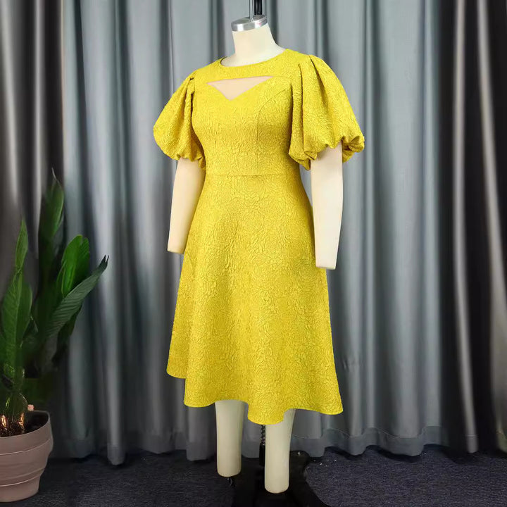 Women's midi dress with voluminous puff sleeves and decorative neckline StylebySassy