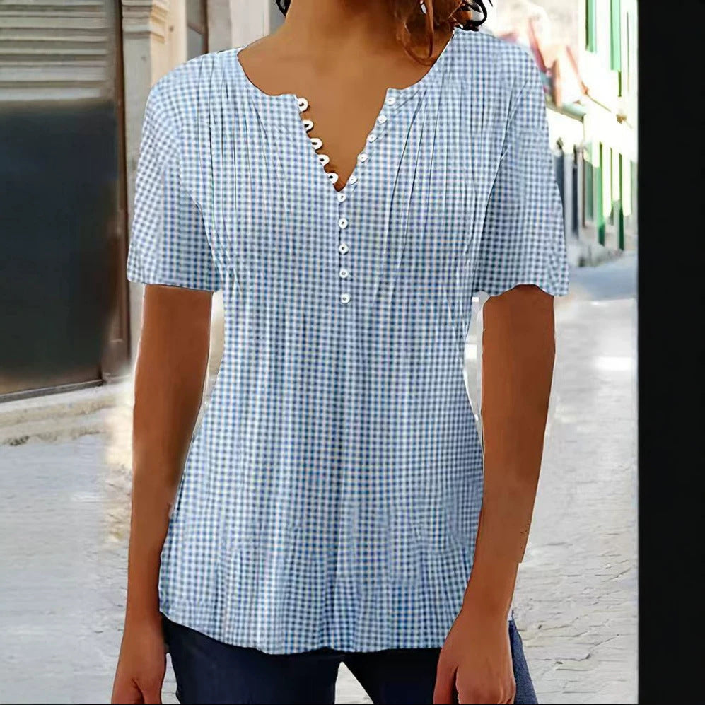 Ladies' lightweight checked blouse with V-neck, decorative button placket and tiered ruffle StylebySassy