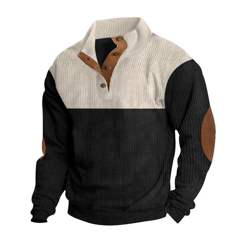 Men's casual knitted sweater with button placket, stand-up collar and elbow patches StylebySassy