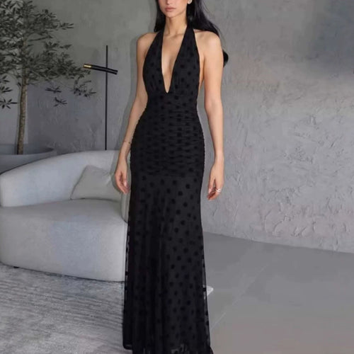 Women's Elegant Maxi Dress with Deep V-Neck and Delicate Ruffles