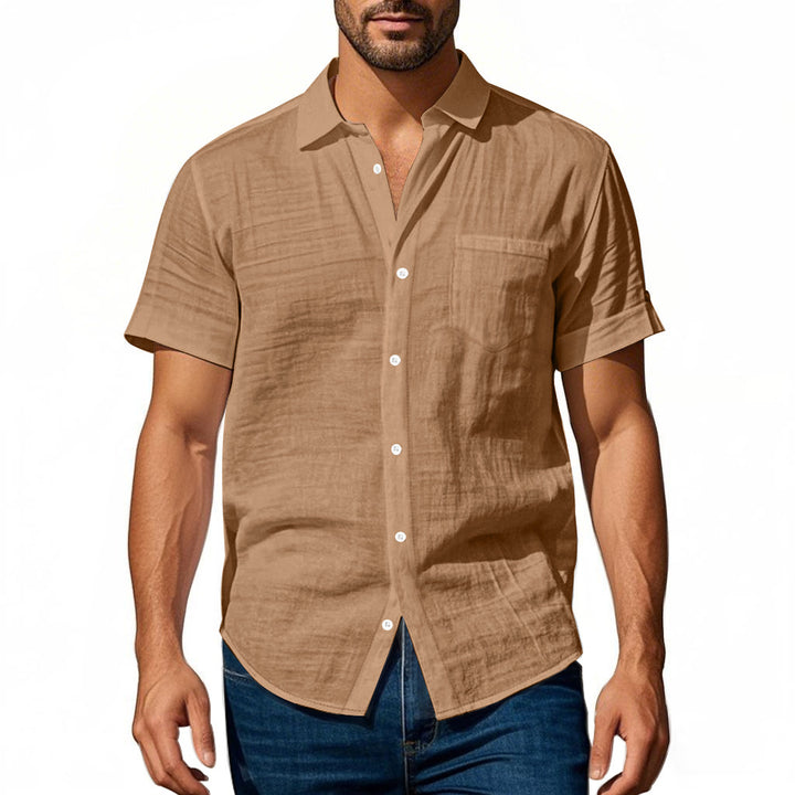 Men's short-sleeved casual shirt made of linen blend with chest pocket and rounded hem StylebySassy