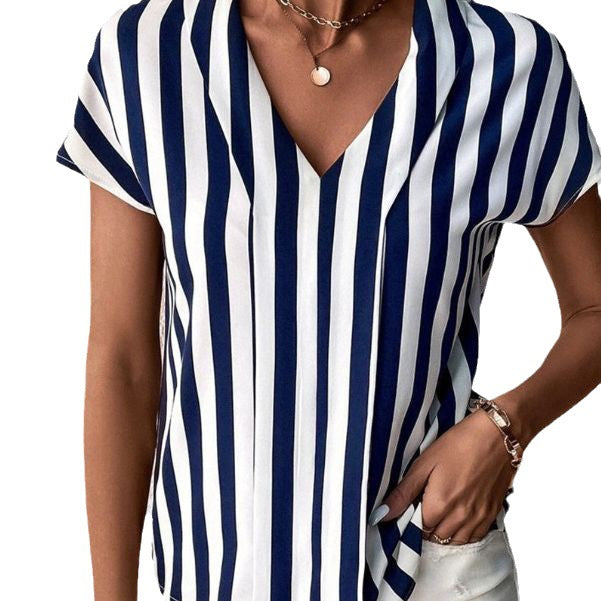 Women's striped blouse top with stand-up collar, V-neck and cap sleeves StylebySassy