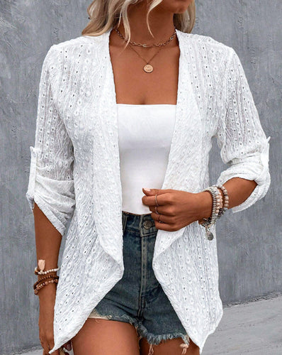 Women's light openwork knit blazer with waterfall front and roll-up sleeves StylebySassy