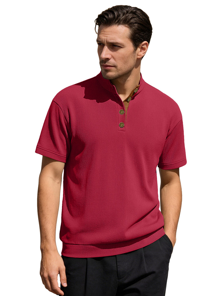 Men's Waffle Structure Short Sleeve Henley with Stand-Up Collar and Decorative Button Placket StylebySassy