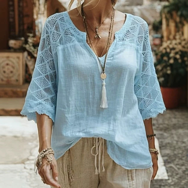 Women's fall loose tunic blouse in Boho style with crocheted shoulder and sleeve details StylebySassy