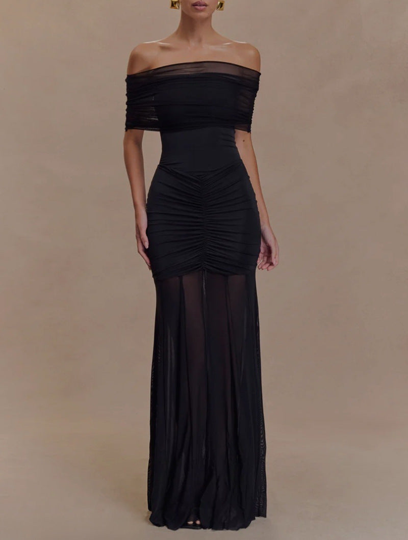 Women's off-the-shoulder evening dress with figure-hugging jersey underdress and sheer chiffon overlay StylebySassy