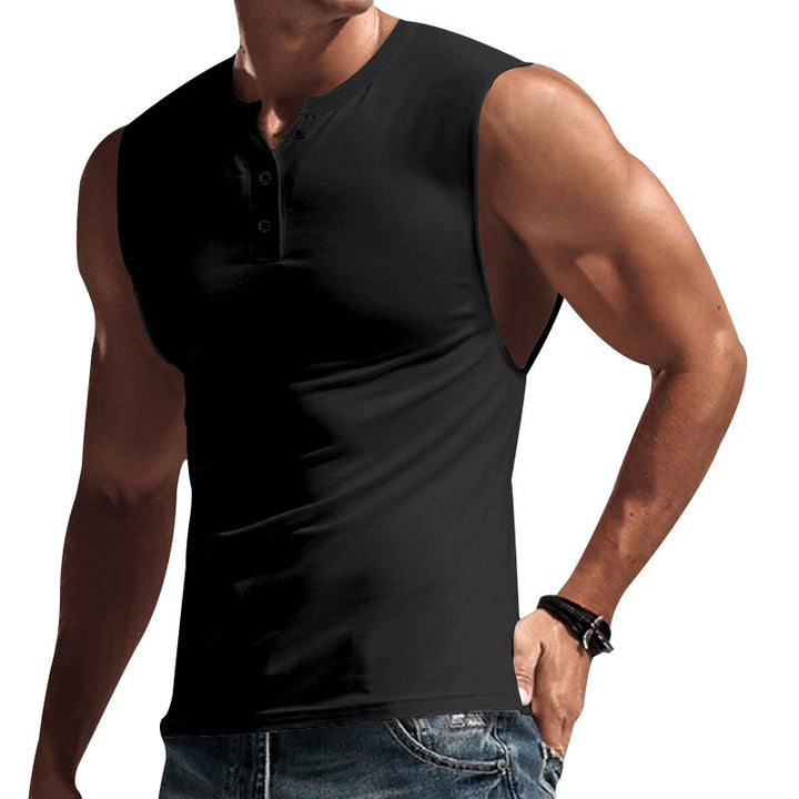 Men's sleeveless muscle shirt with Henley button placket, deep armhole, and elastic cotton blend StylebySassy