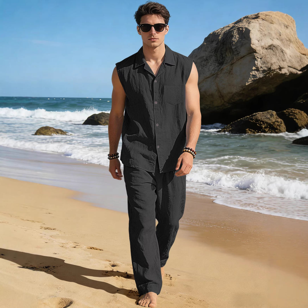 Men's sleeveless linen leisure set with lapel collar, chest pocket, and straight pants StylebySassy