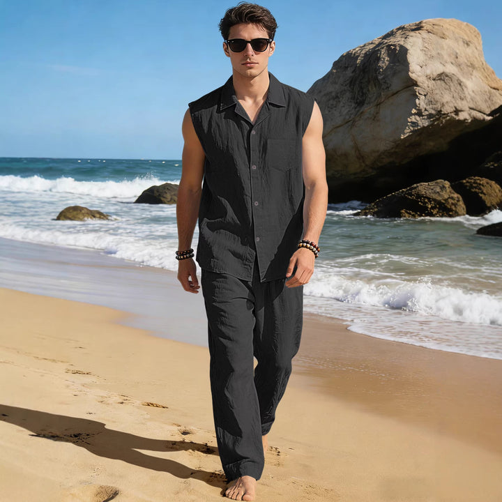 Men's sleeveless linen leisure set with lapel collar, chest pocket, and straight pants StylebySassy
