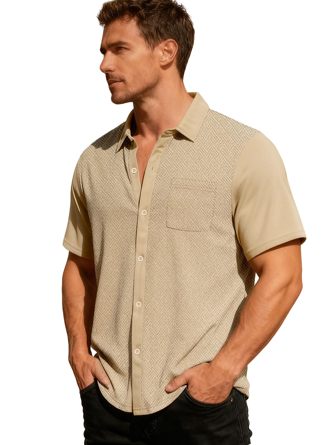 Men's leisure short sleeve shirt with jacquard texture, contrasted button placket and chest pocket StylebySassy