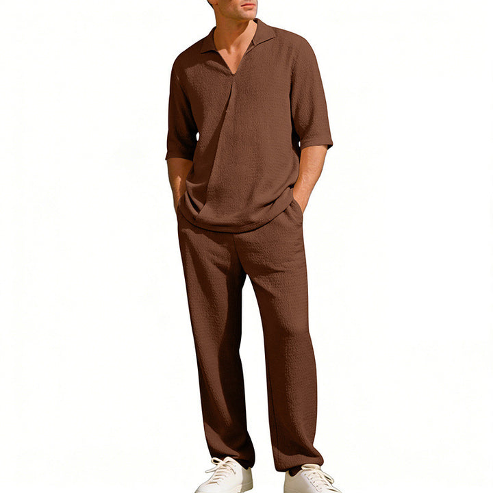 Men's crepe structure leisure set with open lapel collar and straight comfort trousers with side pockets StylebySassy