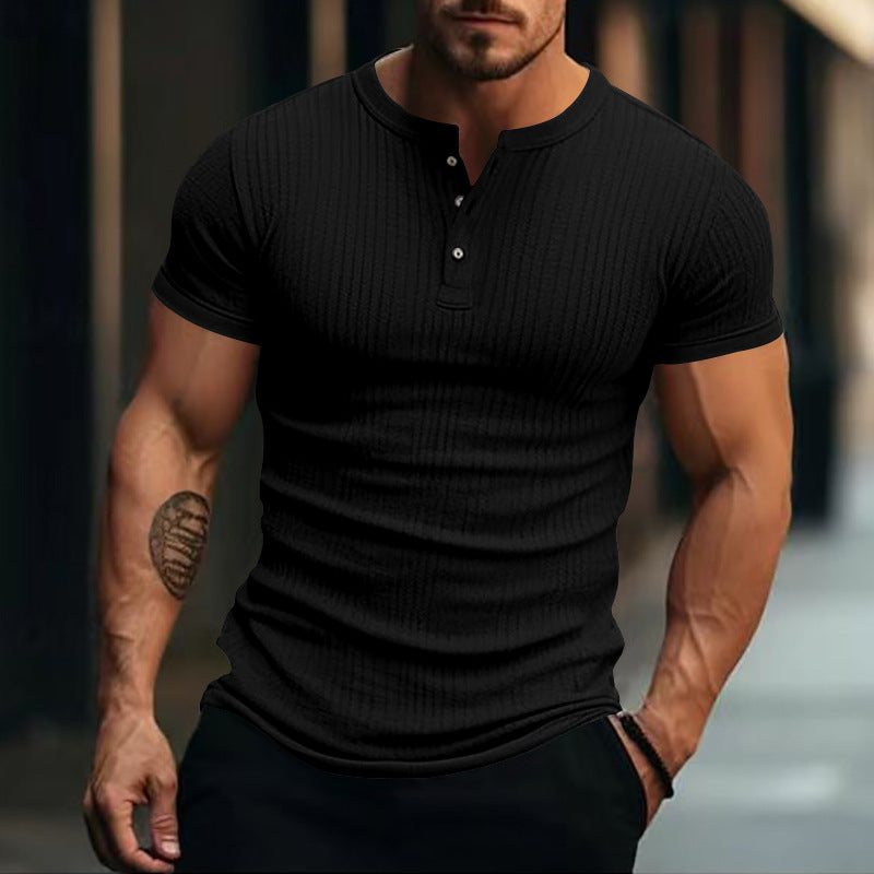 Men's fitted short sleeve Henley shirt with ribbed texture and short button placket StylebySassy