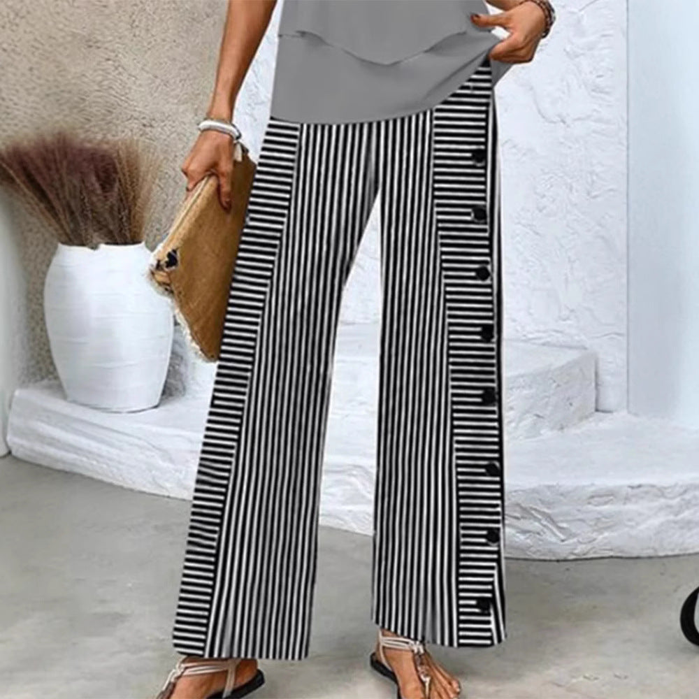 Ladies' wide Palazzo pants with vertical pinstripe look and side button placket StylebySassy