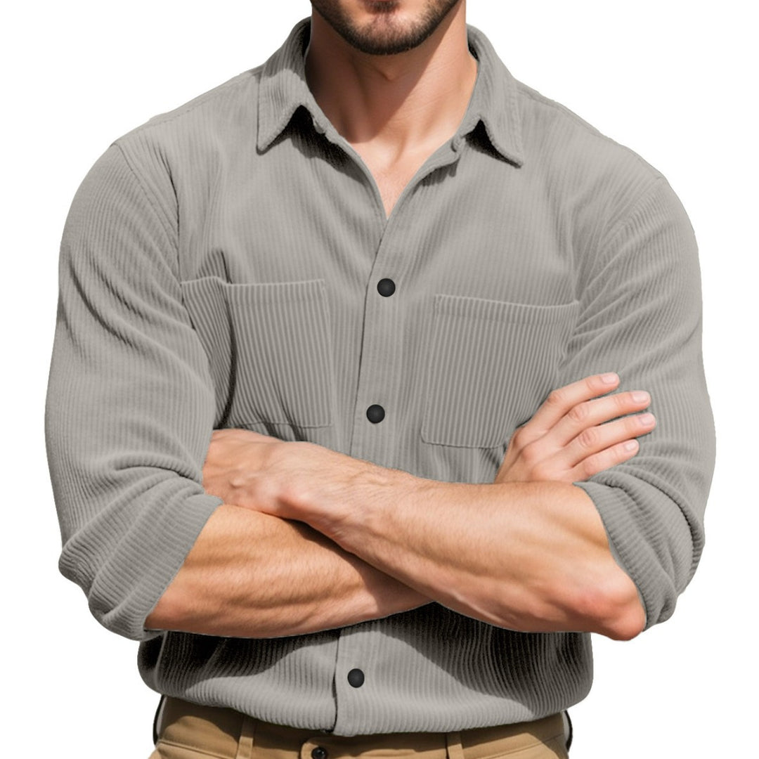 Men's textured casual overshirt with fine vertical ribbing, kent collar and patch chest pockets StylebySassy