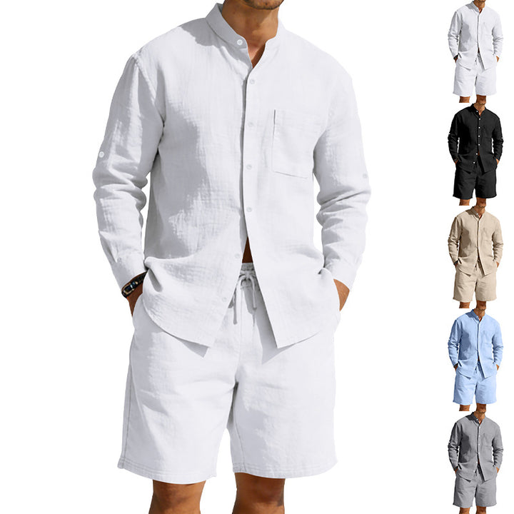 Men's casual linen set with stand collar shirt and drawstring shorts StylebySassy