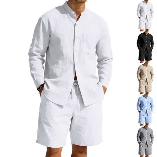 Men's casual linen set with stand collar shirt and drawstring shorts StylebySassy